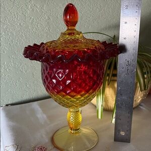 Vintage Fenton Amberina Diamond Point Ruffled Compote Candy Dish - Glows